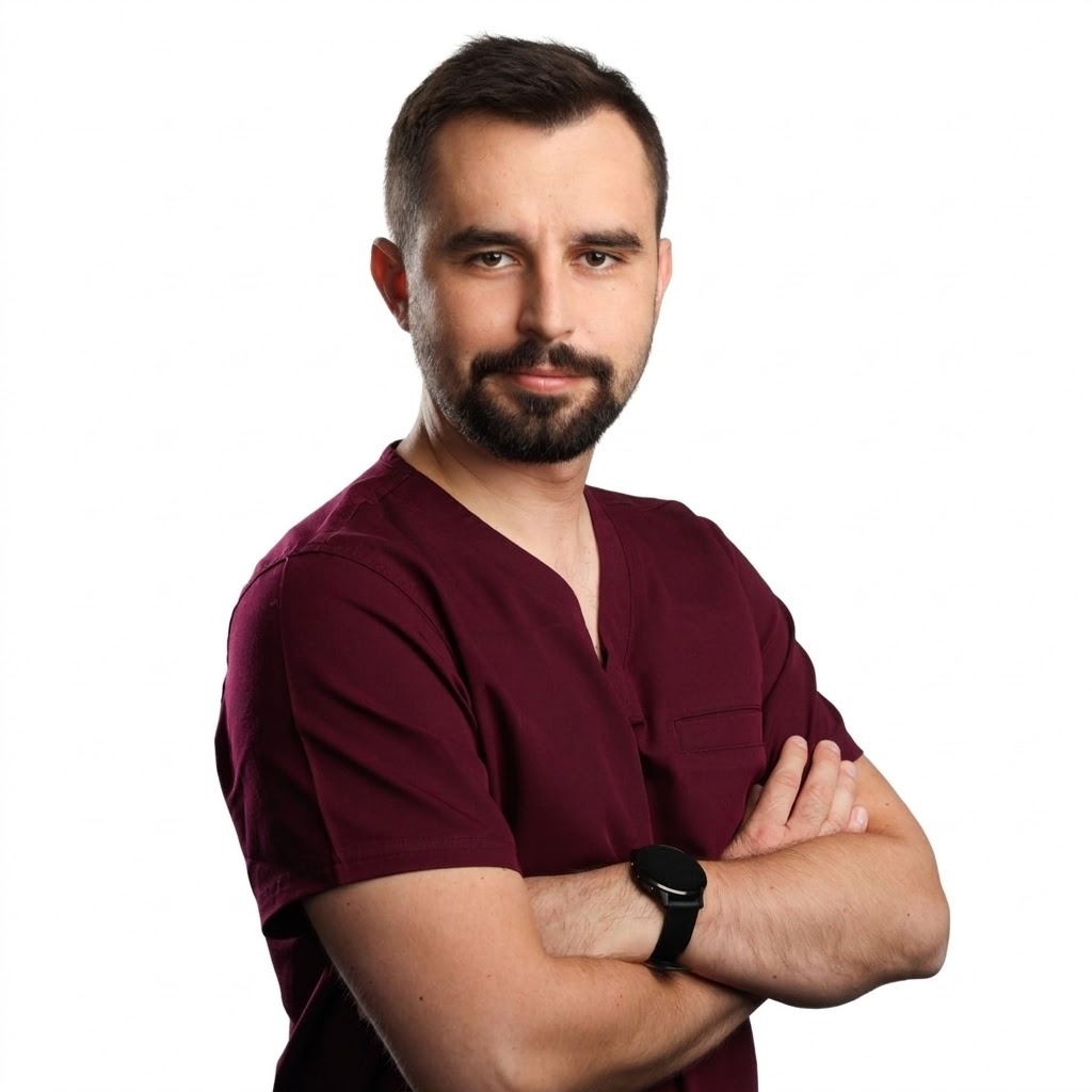 Portret dr. Jacka Jurki w brązowym uniformie medycznym, z założonymi rękami i uśmiechem, na jasnym tle.